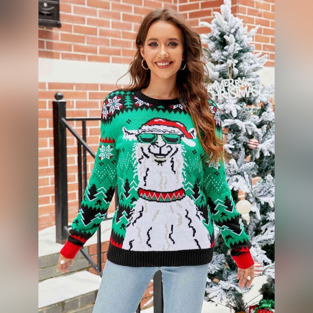 Llama Santa Festive Knit Print Round Neck Long Sleeve Holiday Sweater Christmas